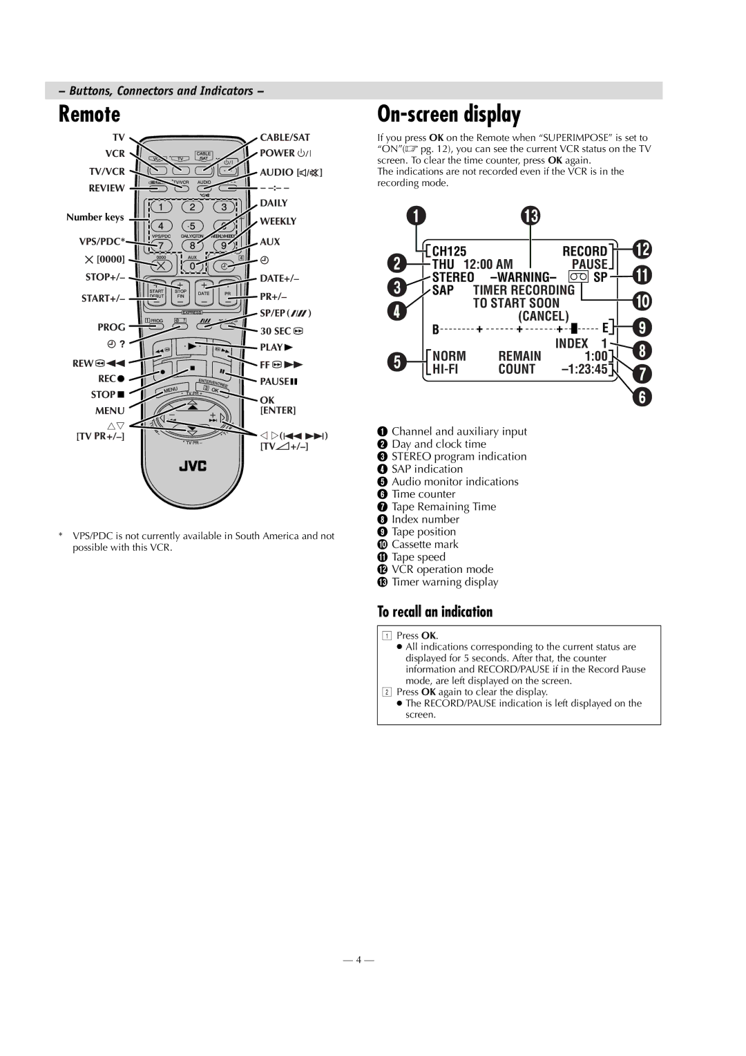 JVC HR-S8009UM manual Remote, On-screen display, To recall an indication, Number keys 