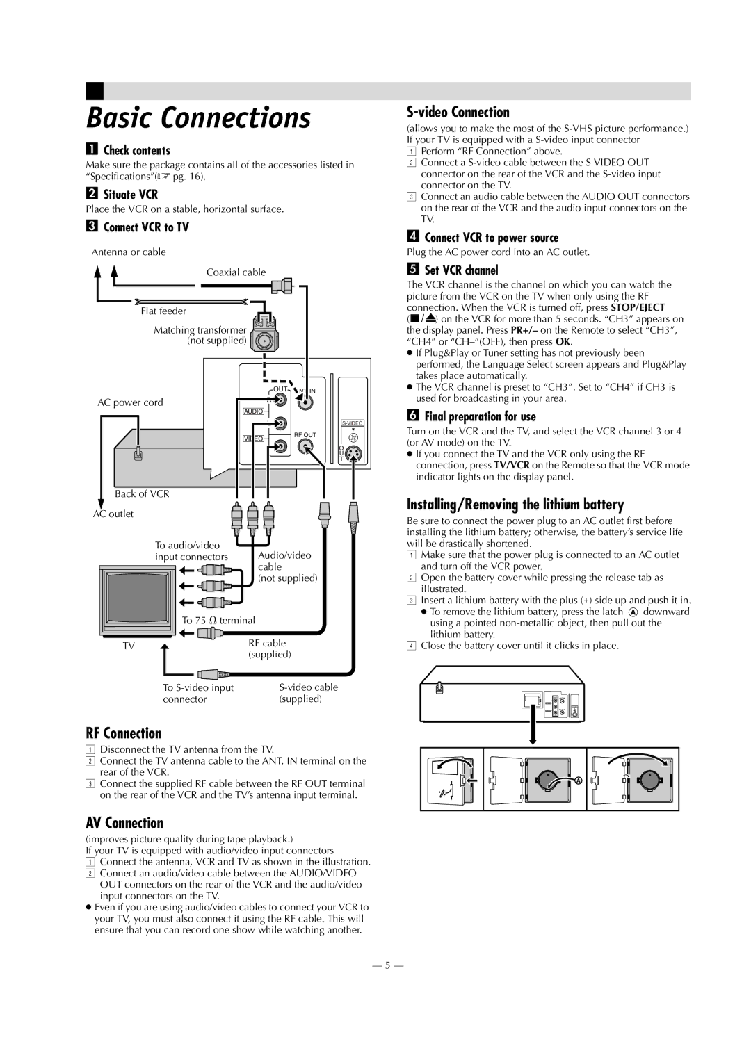 JVC HR-S8009UM Basic Connections, RF Connection, AV Connection, Video Connection, Installing/Removing the lithium battery 