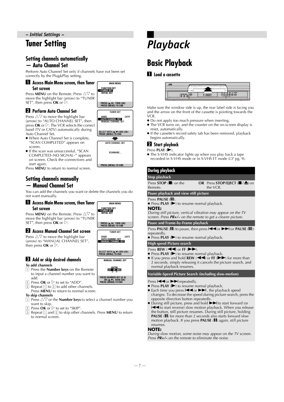 JVC HR-S8009UM manual Tuner Setting, Basic Playback, Setting channels automatically Auto Channel Set 