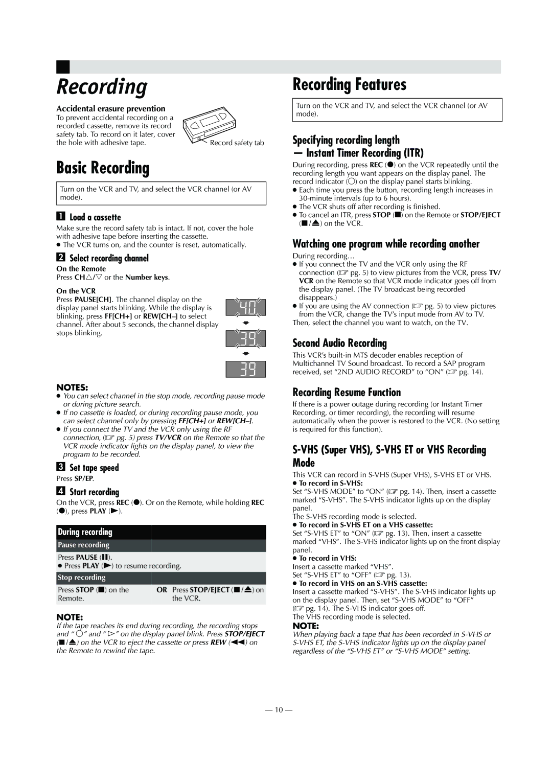 JVC HR-S8010UM specifications Basic Recording, Recording Features 