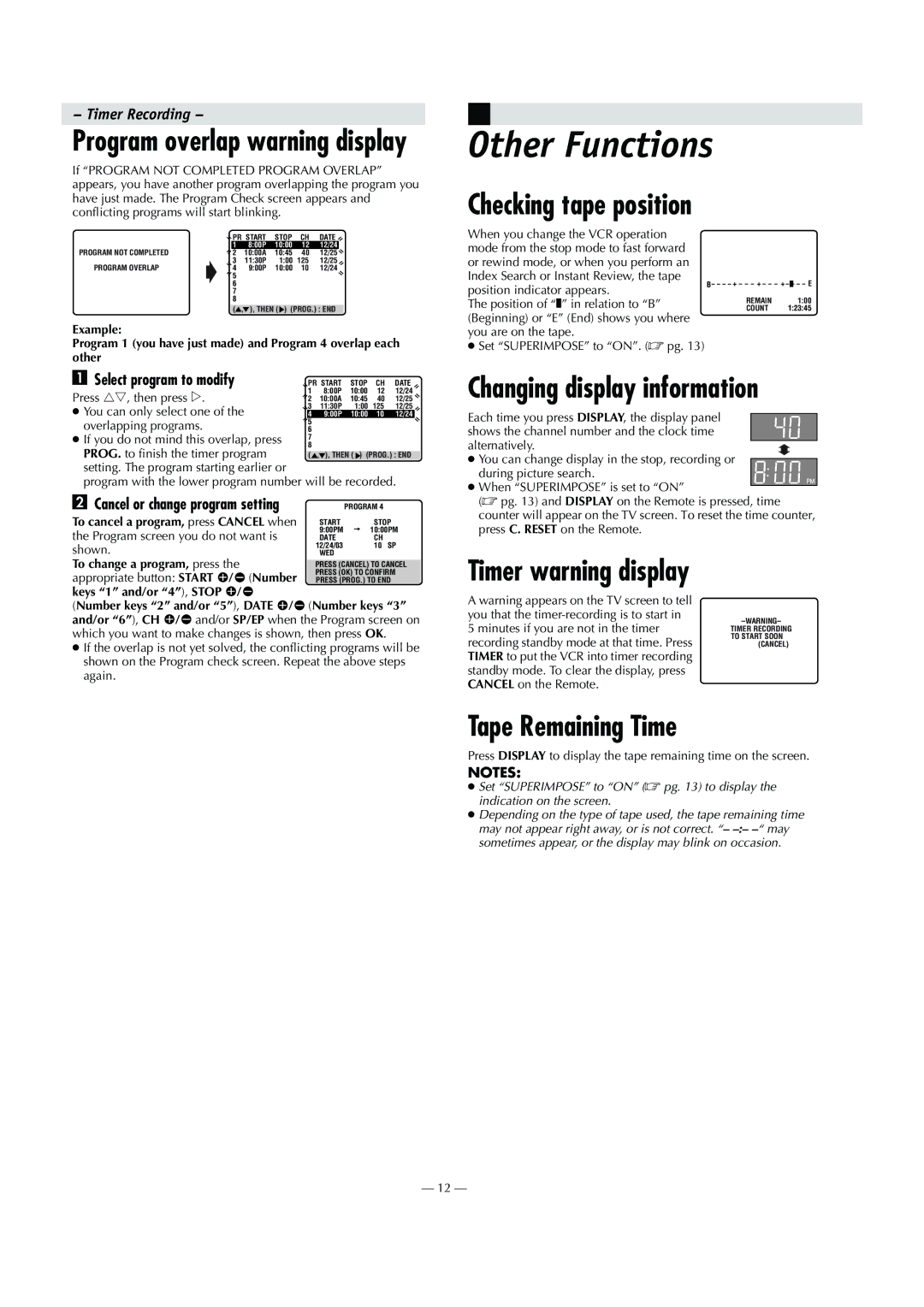 JVC HR-S8010UM specifications Other Functions, Checking tape position, Tape Remaining Time, Select program to modify 