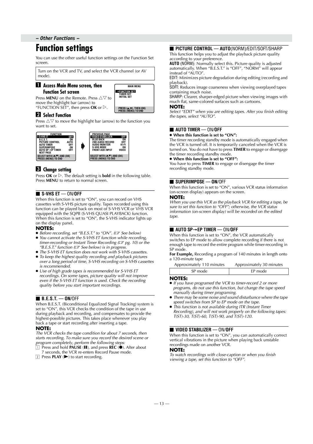 JVC HR-S8010UM specifications Function settings, Function Set screen, Select Function, Change setting 