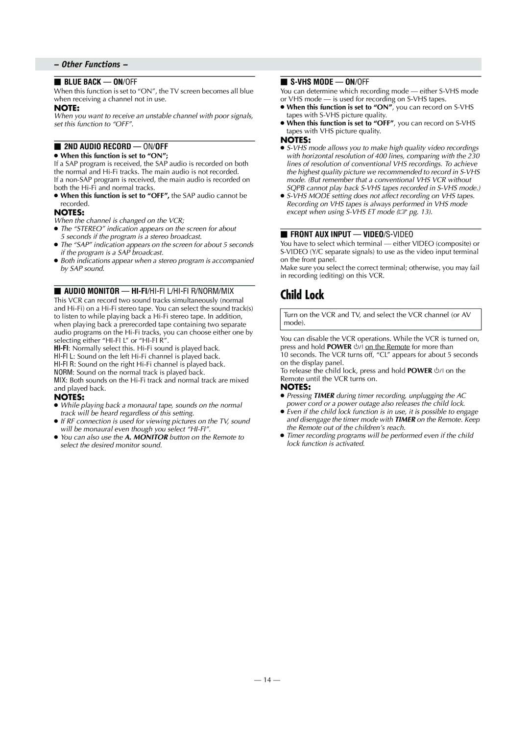 JVC HR-S8010UM specifications Child Lock 