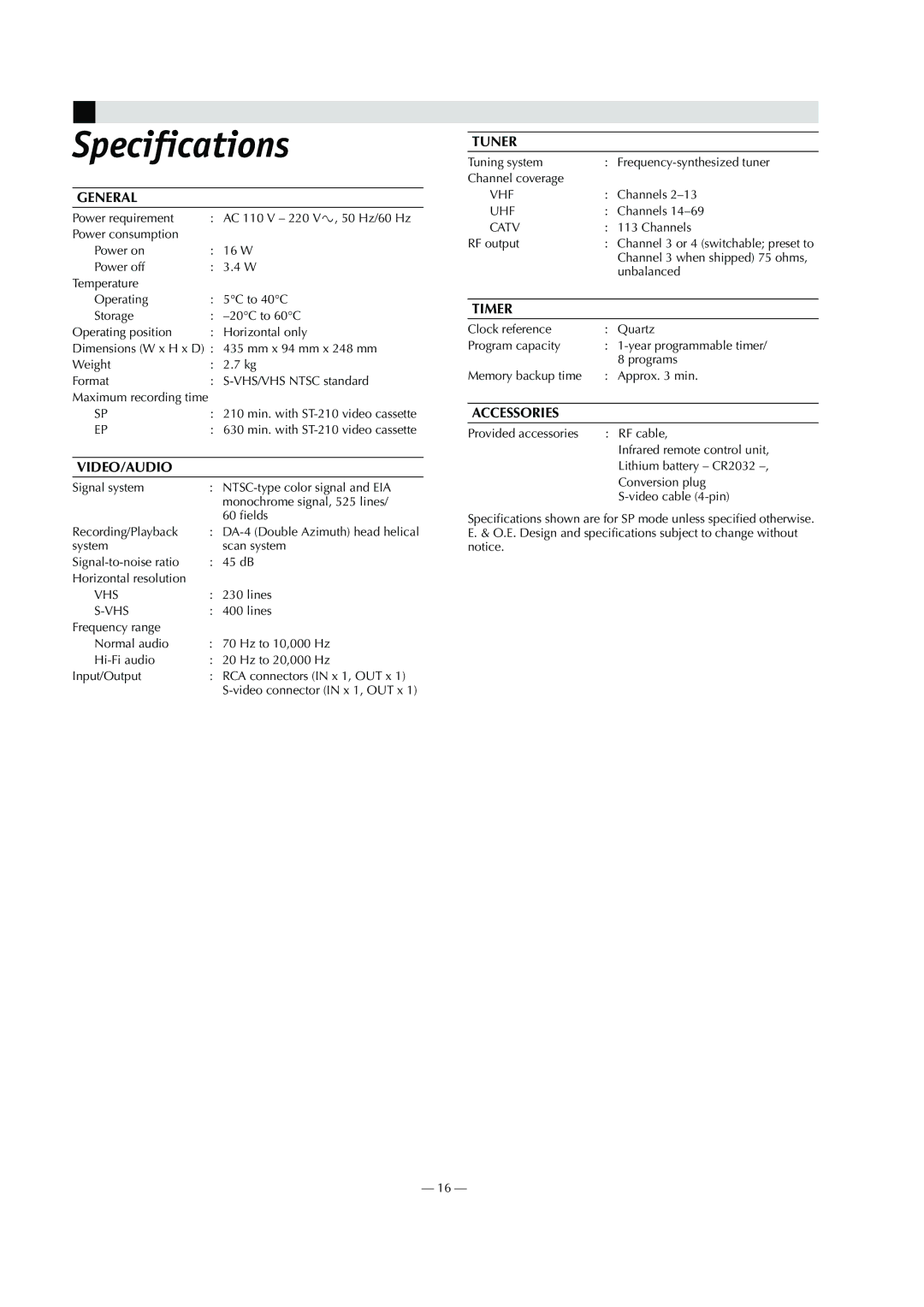 JVC HR-S8010UM specifications Specifications, General 