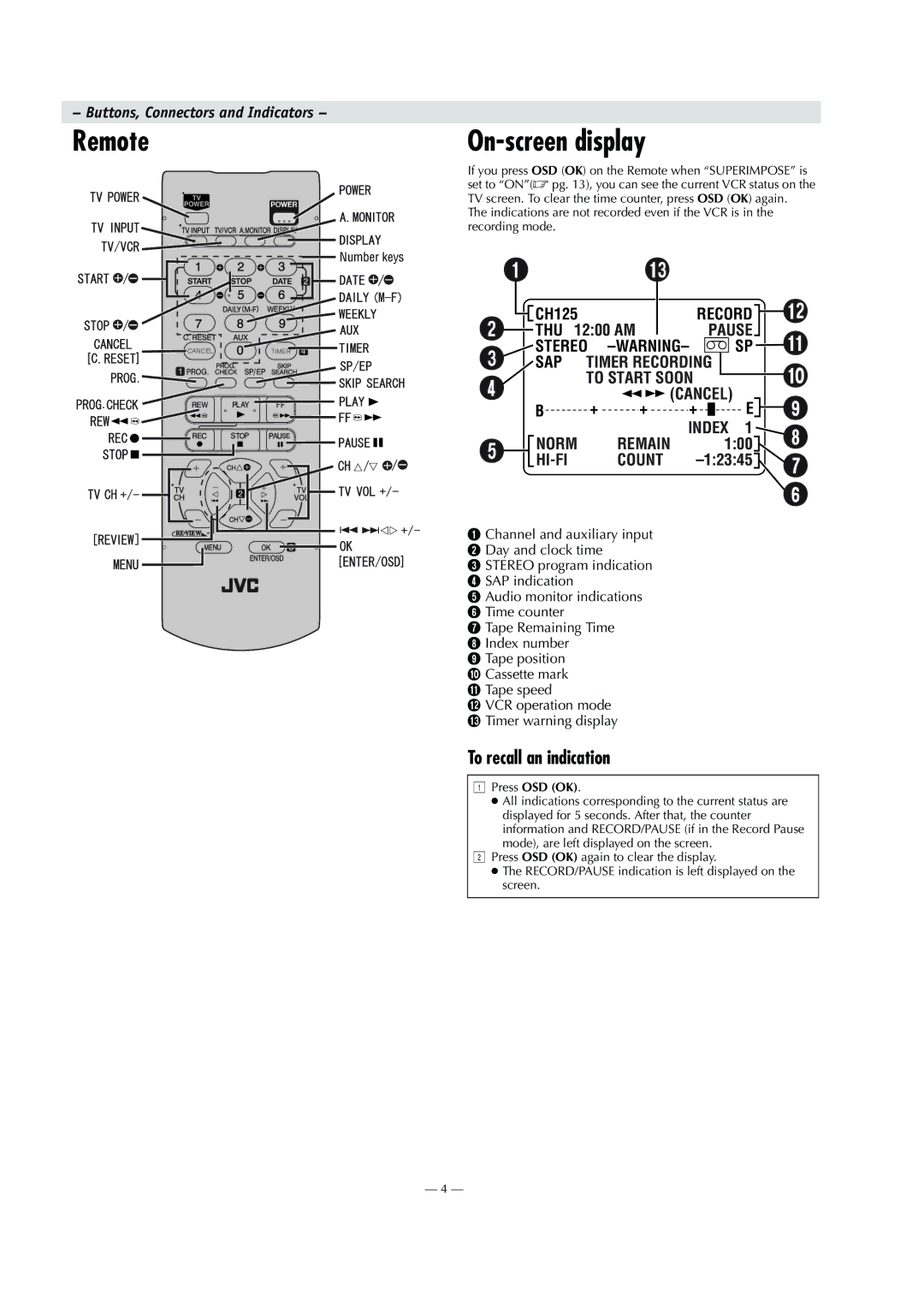 JVC HR-S8010UM specifications Remote On-screen display, To recall an indication, Press OSD OK 