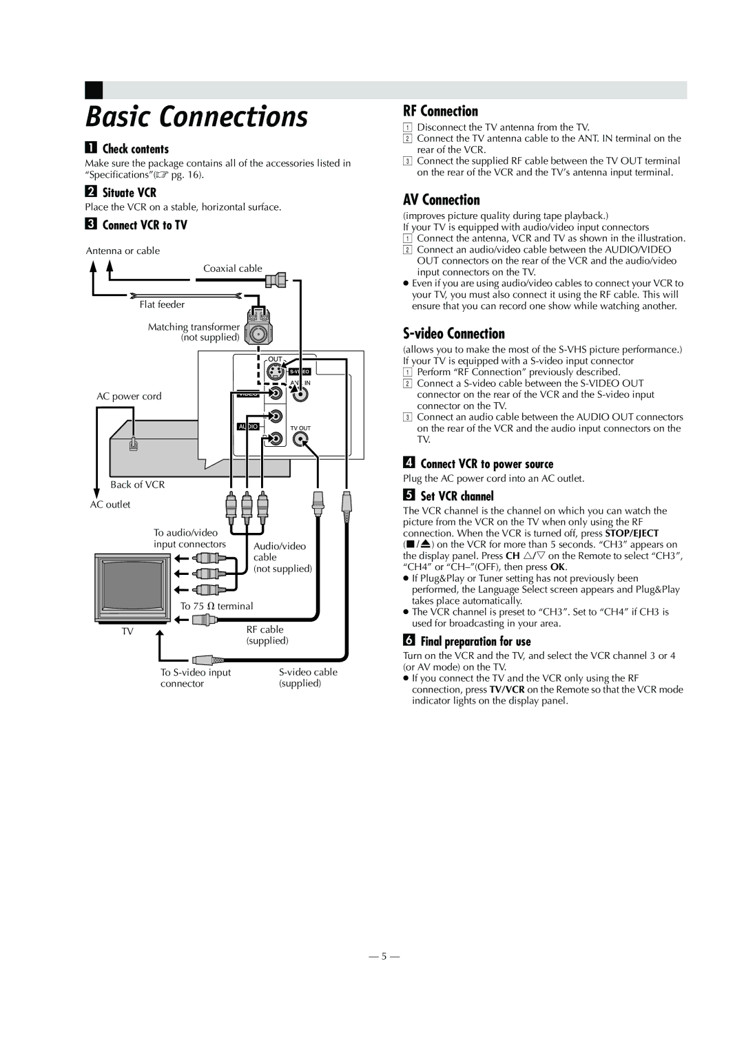 JVC HR-S8010UM specifications Basic Connections, RF Connection, AV Connection, Video Connection 