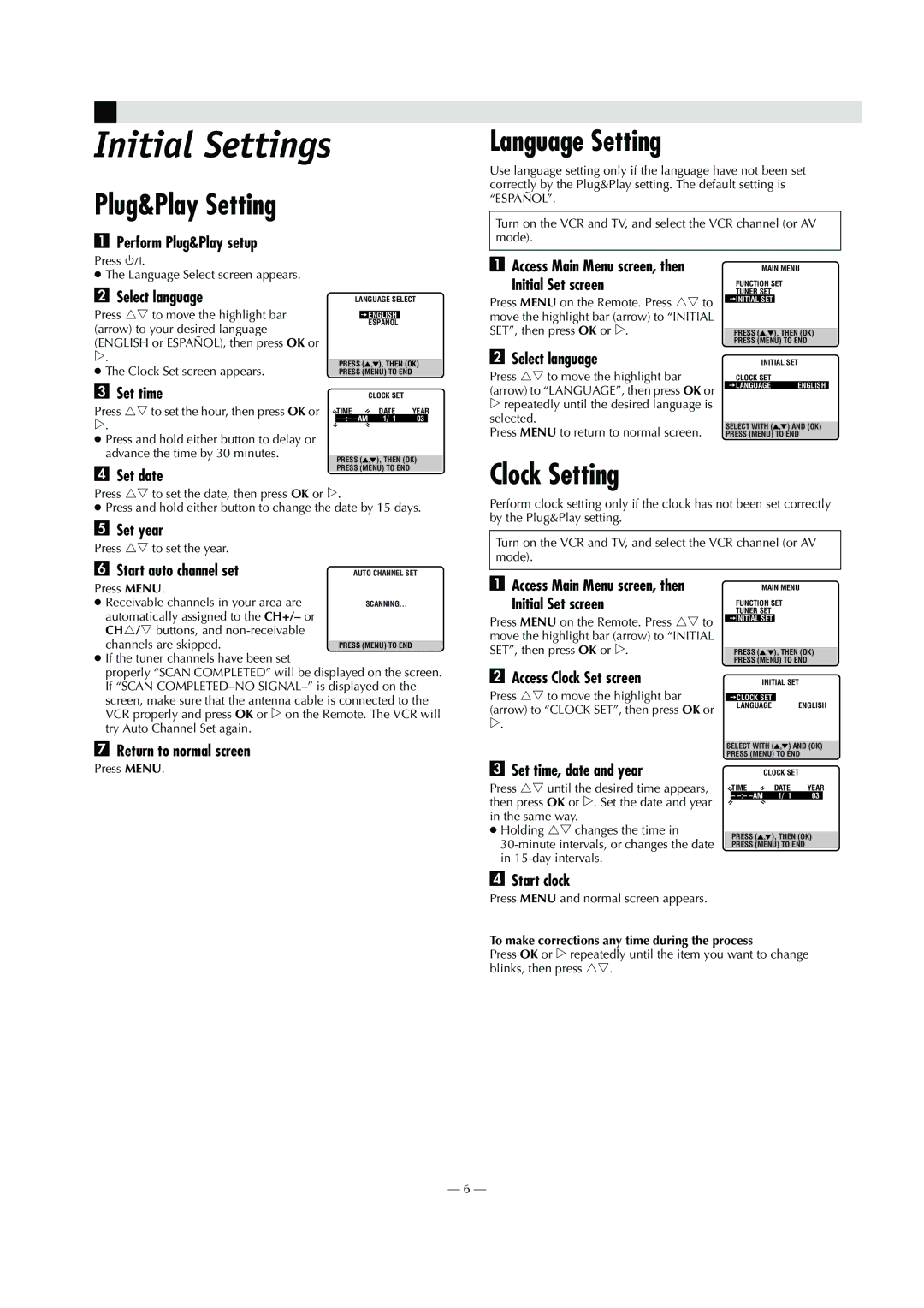 JVC HR-S8010UM specifications Initial Settings, Plug&Play Setting, Language Setting, Clock Setting 