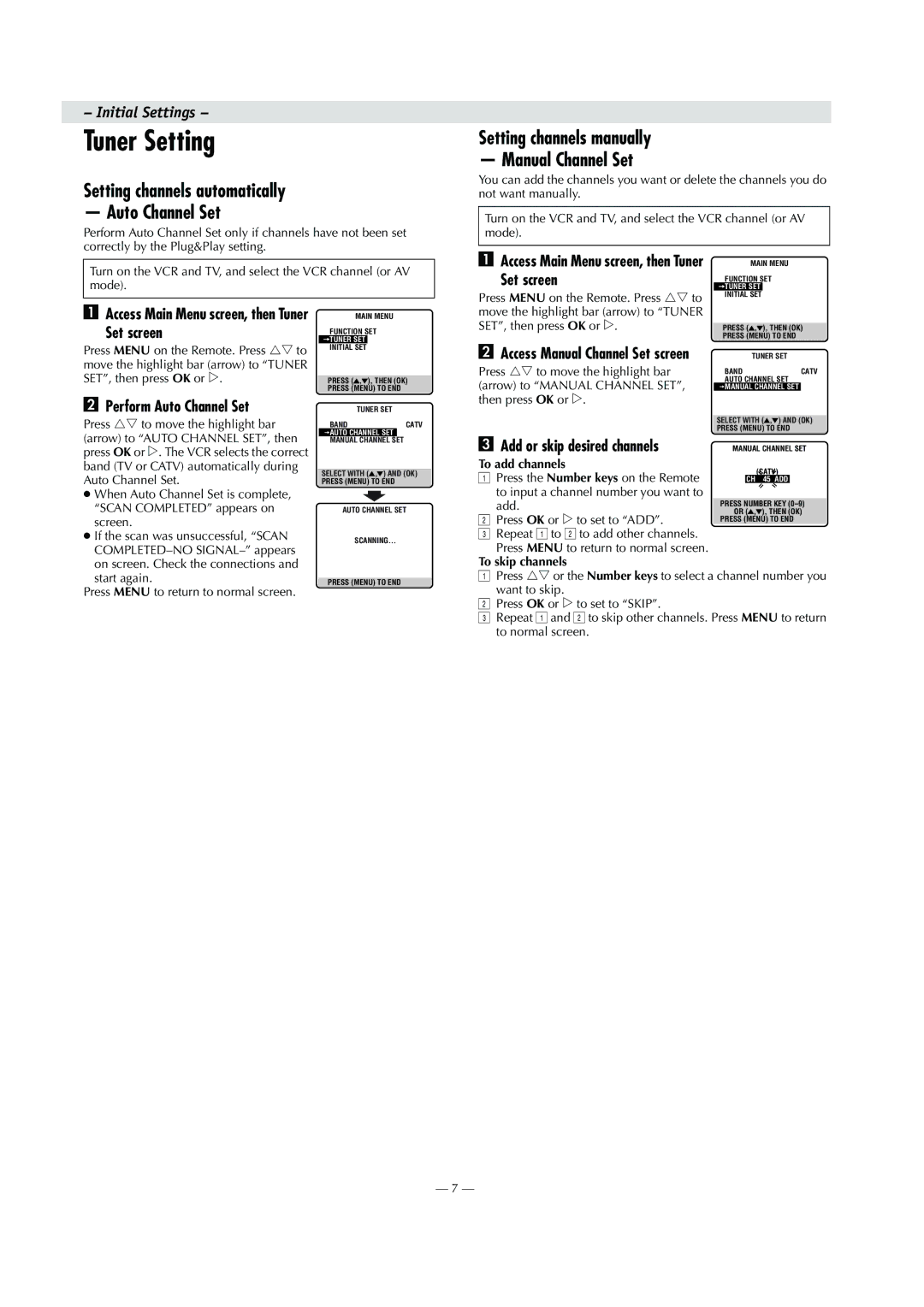 JVC HR-S8010UM specifications Tuner Setting, Setting channels automatically Auto Channel Set 