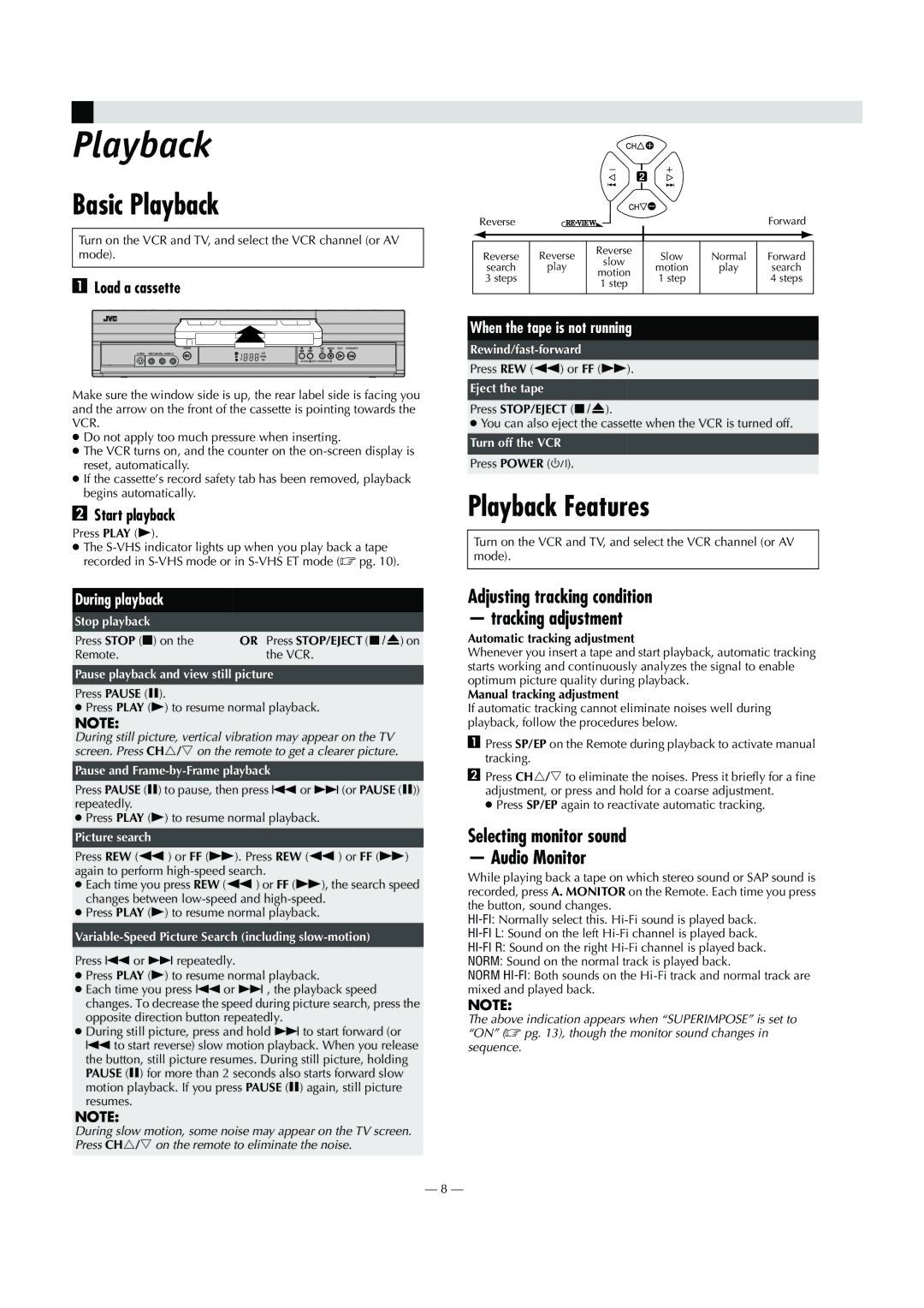 JVC HR-S8010UM specifications Basic Playback, Playback Features, Adjusting tracking condition Tracking adjustment 