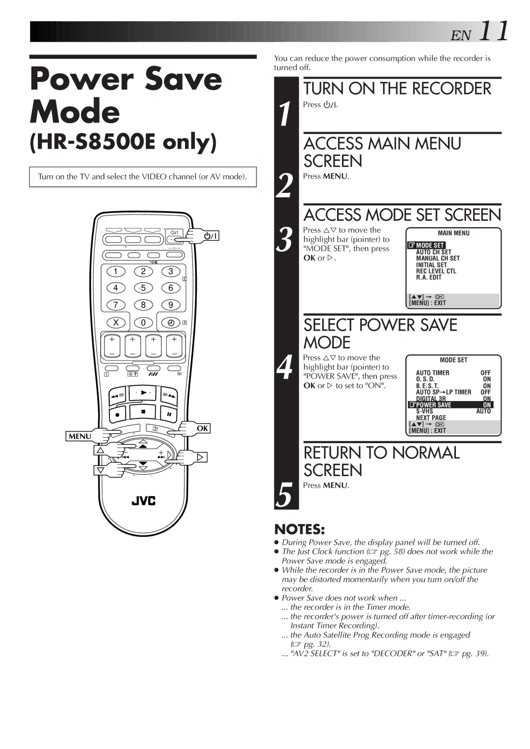 JVC HR-S8500E/EH specifications Power Save Mode 