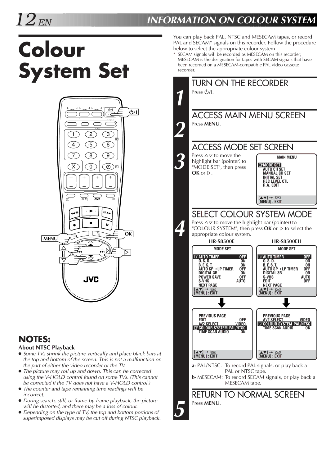 JVC HR-S8500E/EH specifications Colour System Set, About Ntsc Playback, OK or% 