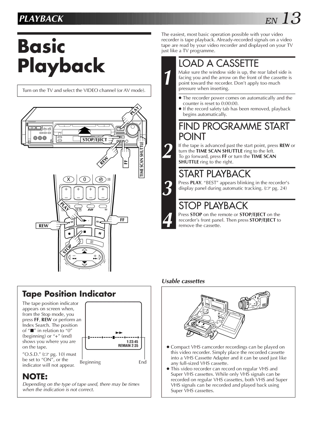 JVC HR-S8500E/EH specifications Basic Playback, Load a Cassette, Point, Start Playback, Stop Playback 