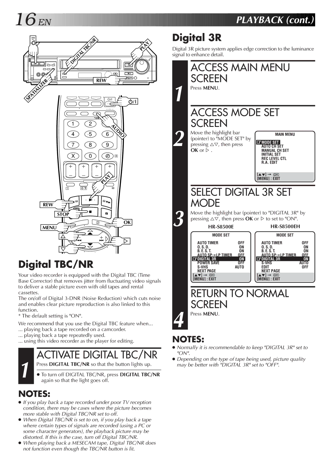 JVC HR-S8500E/EH specifications Digital 3R, Digital TBC/NR 