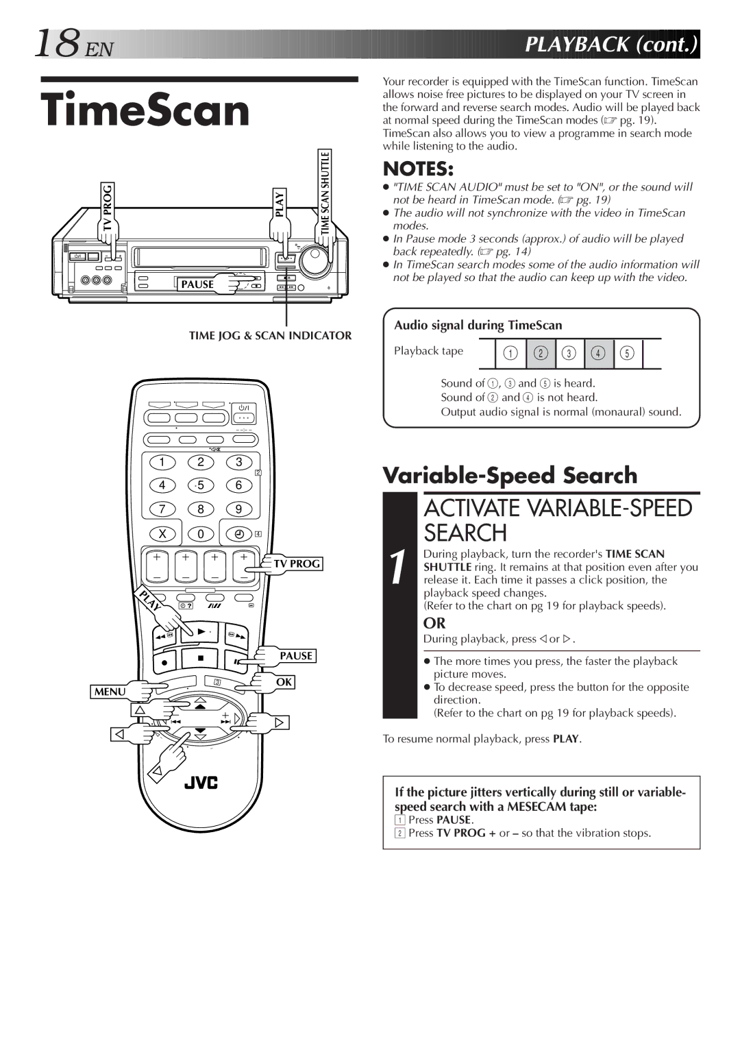 JVC HR-S8500E/EH specifications Variable-Speed Search, Audio signal during TimeScan, Time JOG & Scan Indicator 