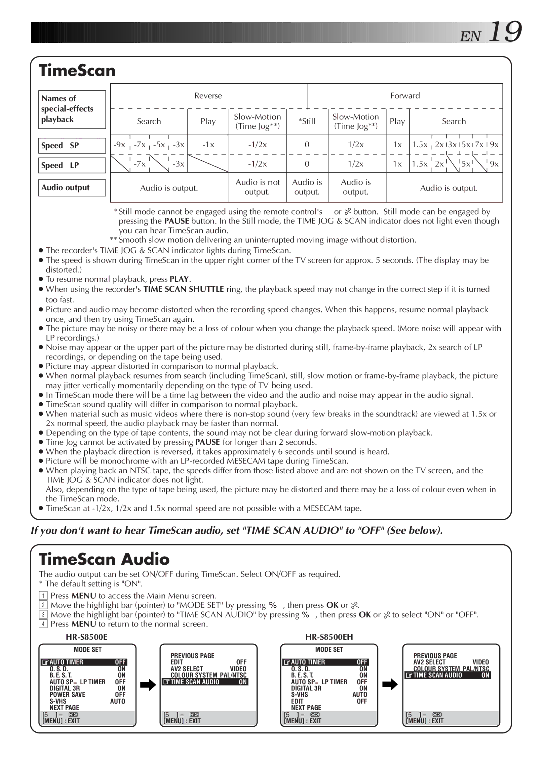 JVC HR-S8500E/EH specifications TimeScan Audio, Speed SP Speed LP Audio output 