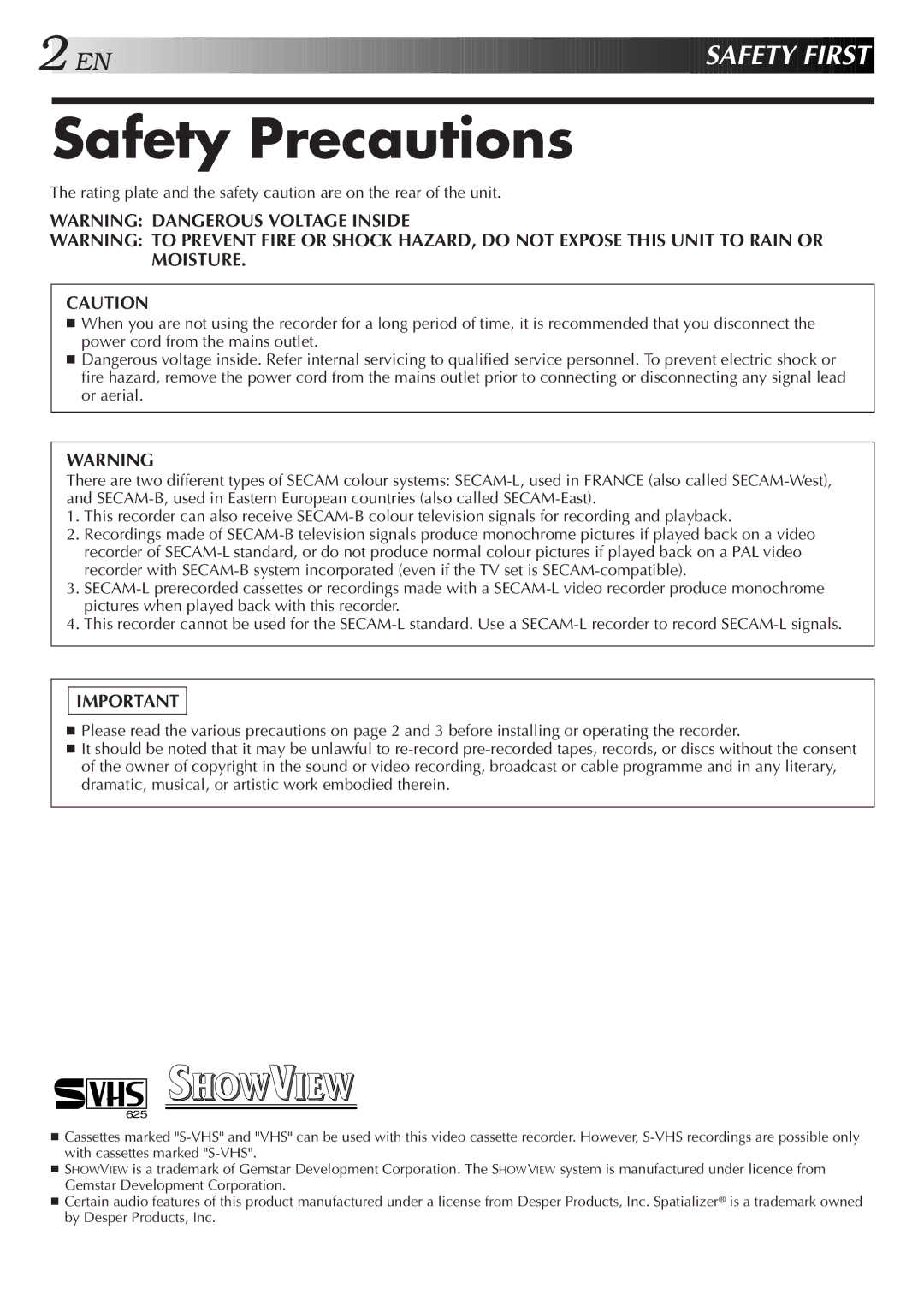 JVC HR-S8500E/EH specifications Safety Precautions 