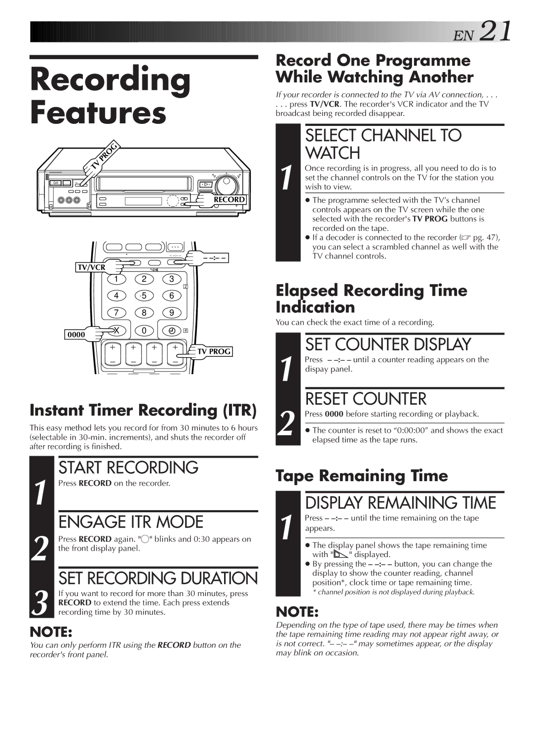 JVC HR-S8500E/EH specifications Recording Features, Select Channel to Watch, Engage ITR Mode, SET Recording Duration 