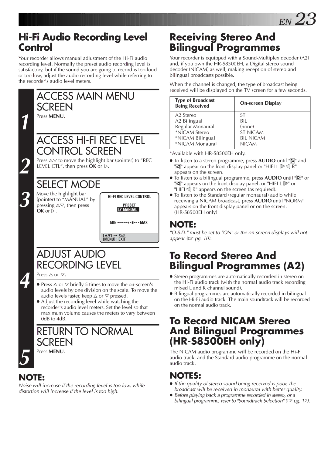 JVC HR-S8500E/EH Adjust Audio, Hi-Fi Audio Recording Level Control, Receiving Stereo And Bilingual Programmes 