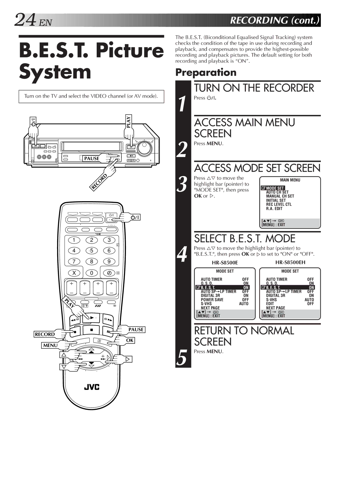 JVC HR-S8500E/EH specifications S.T. Picture System, Preparation, Highlight bar pointer to MODE%SET, then press 