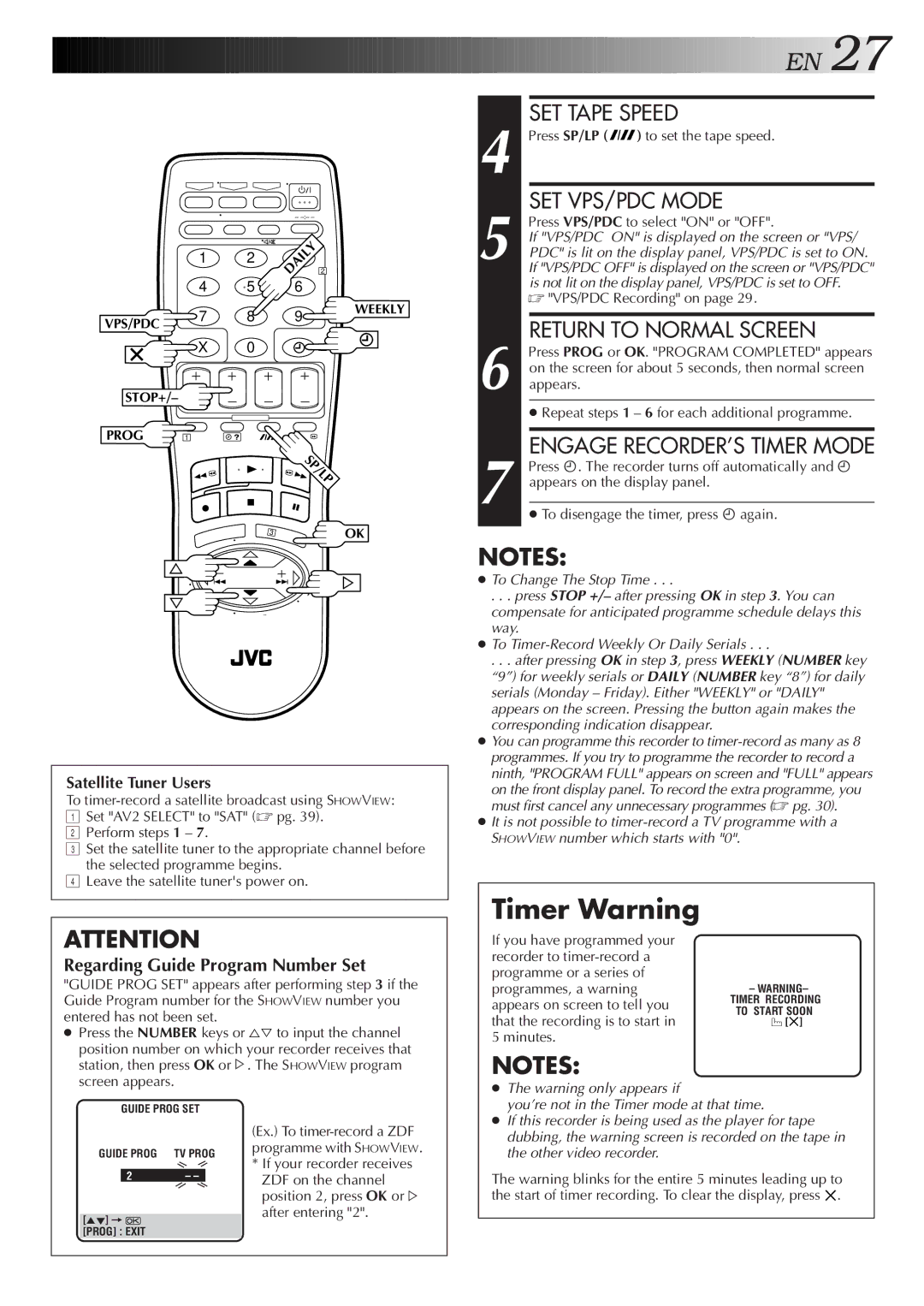 JVC HR-S8500E/EH specifications Timer Warning, Satellite Tuner Users 