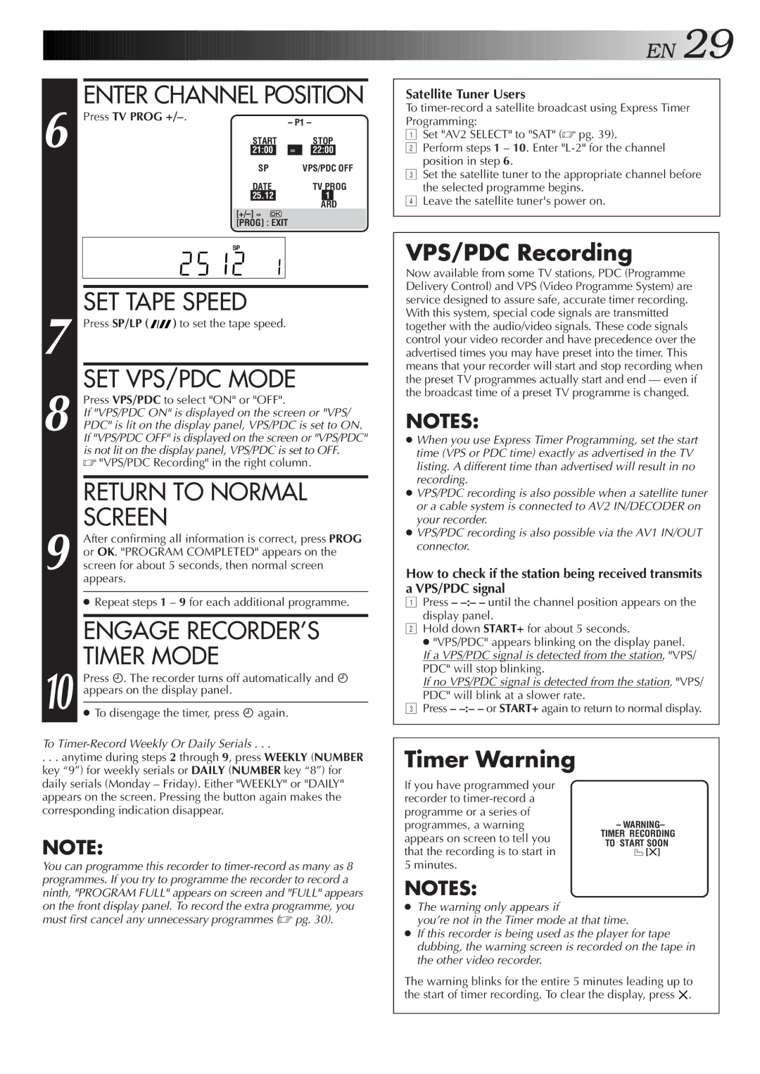 JVC HR-S8500E/EH specifications SET VPS/PDC Mode, Engage RECORDER’S, Timer Mode, VPS/PDC Recording, Press TV Prog + 