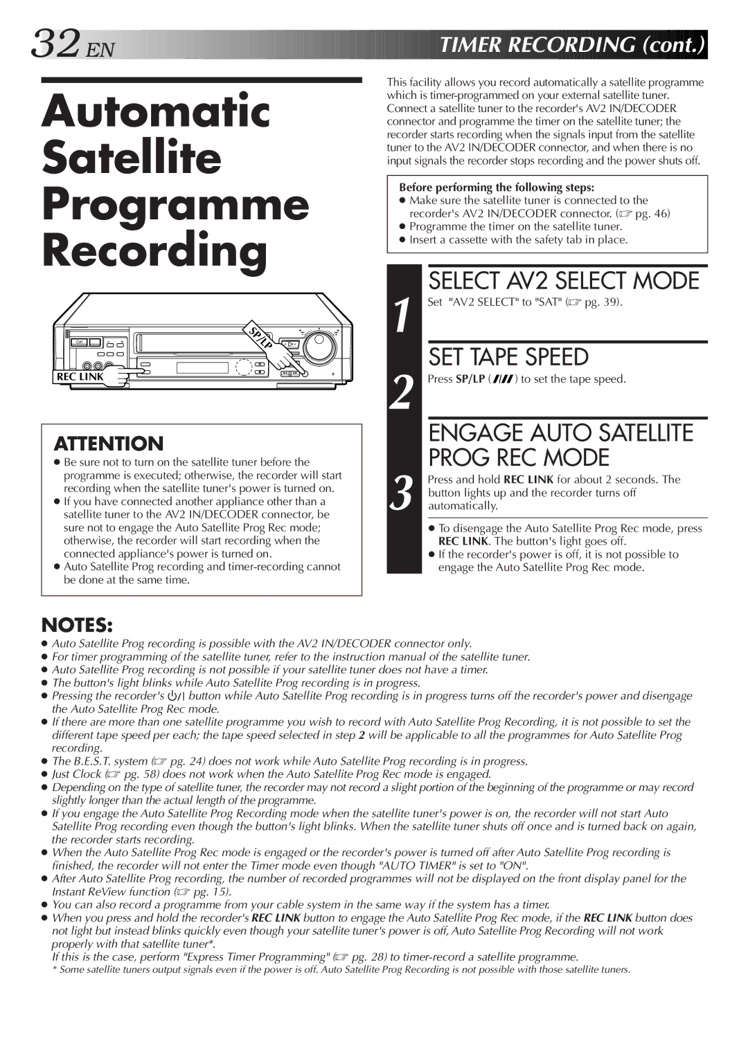 JVC HR-S8500E/EH Automatic Satellite Programme Recording, Prog REC Mode, Before performing the following steps 