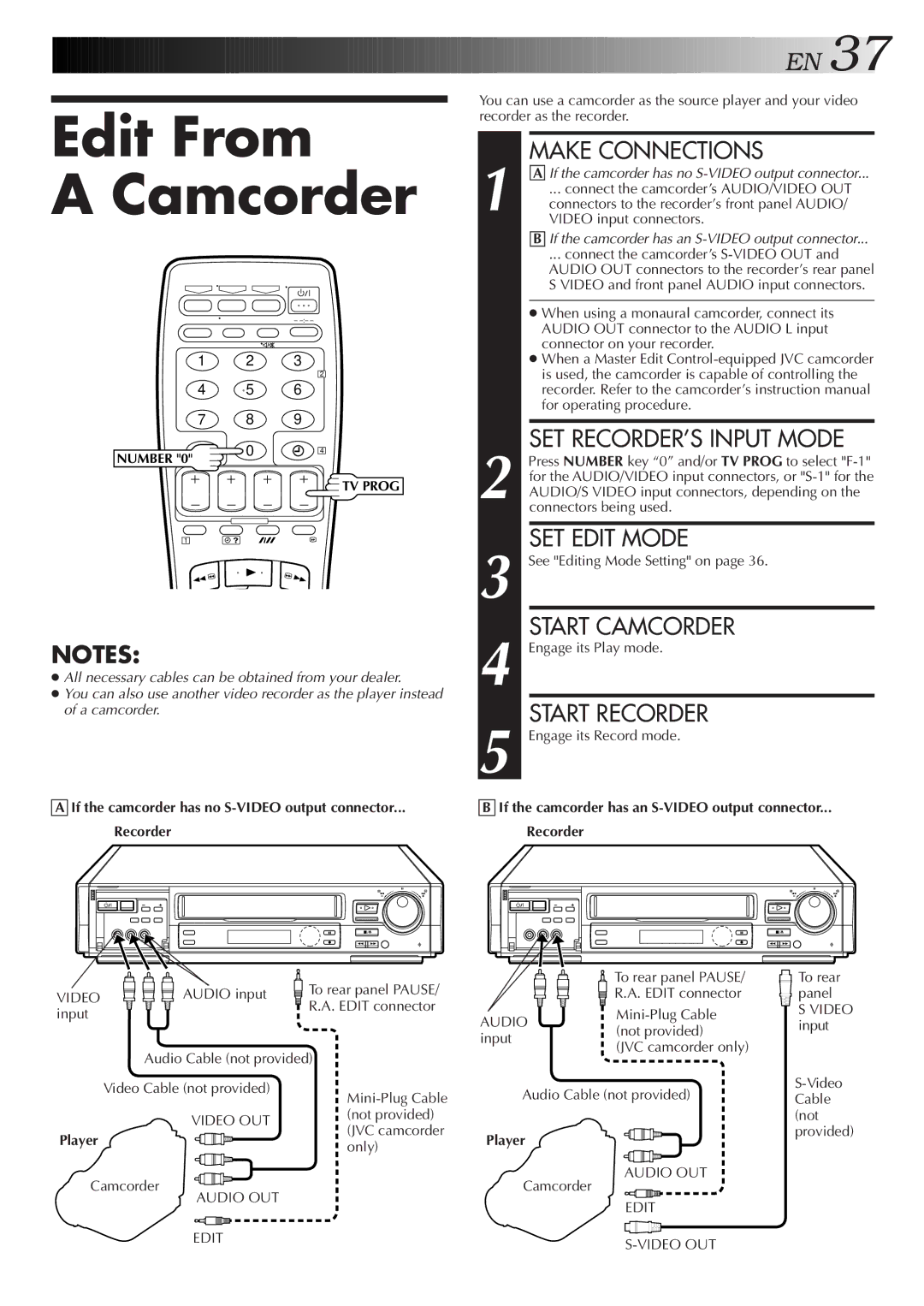 JVC HR-S8500E/EH specifications Edit From Camcorder, If the camcorder has no S-VIDEO output connector Recorder, Player 