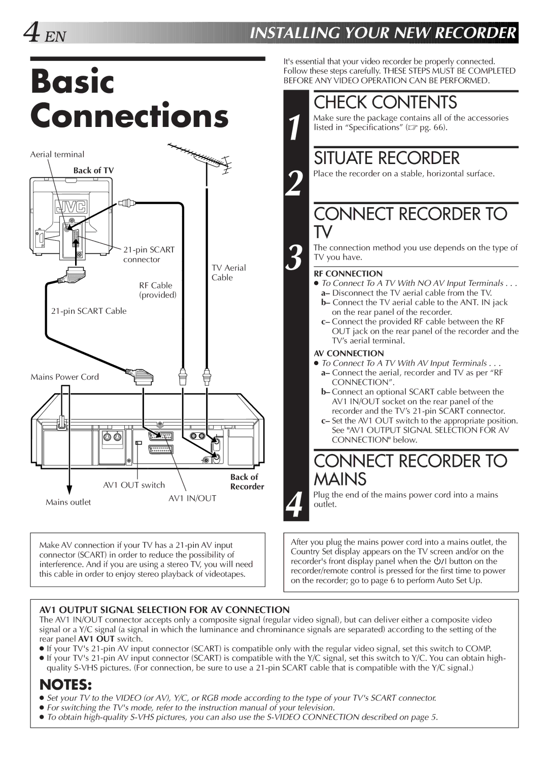 JVC HR-S8500E/EH specifications Basic Connections, Check Contents, Situate Recorder, Connect Recorder to Mains 