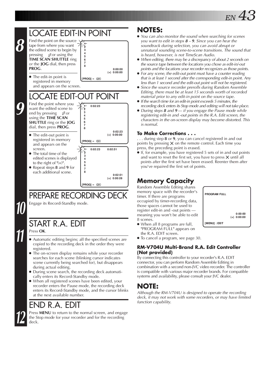 JVC HR-S8500E/EH specifications Locate EDIT-IN Point, Locate EDIT-OUT Point, Start R.A. Edit, END R.A. Edit 