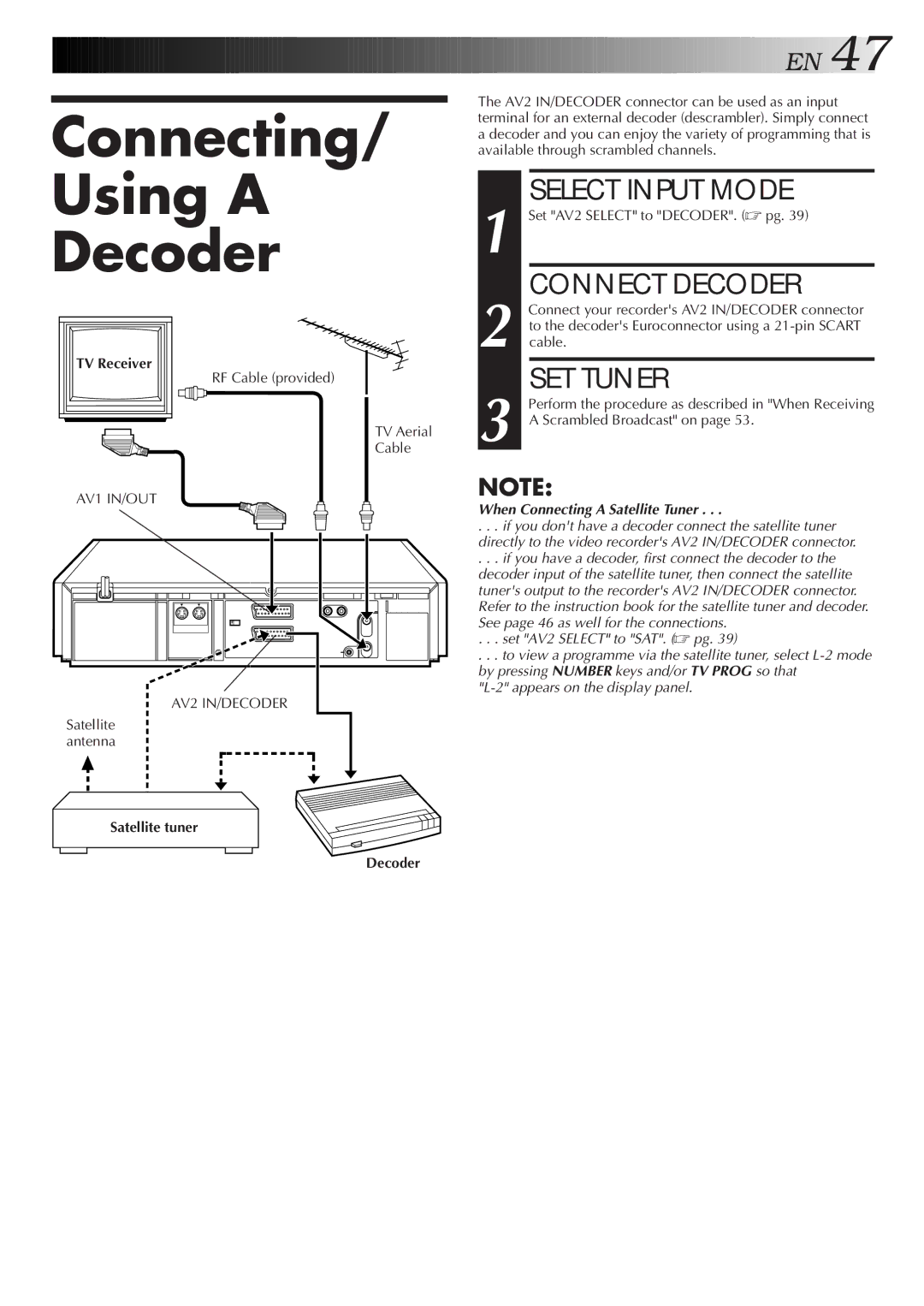 JVC HR-S8500E/EH specifications Connecting Using a Decoder, Select Input Mode, Connect Decoder, SET Tuner 