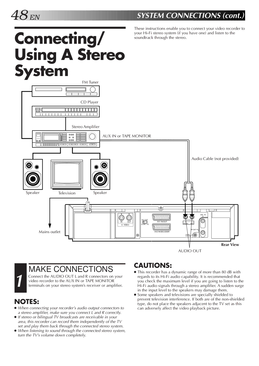 JVC HR-S8500E/EH specifications Connecting Using a Stereo System, Audio Cable not provided Speaker, Rear View 