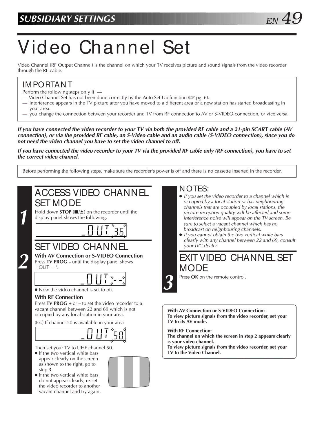 JVC HR-S8500E/EH Video Channel Set, Access Video Channel SET Mode, SET Video Channel, Exit Video Channel SET Mode 