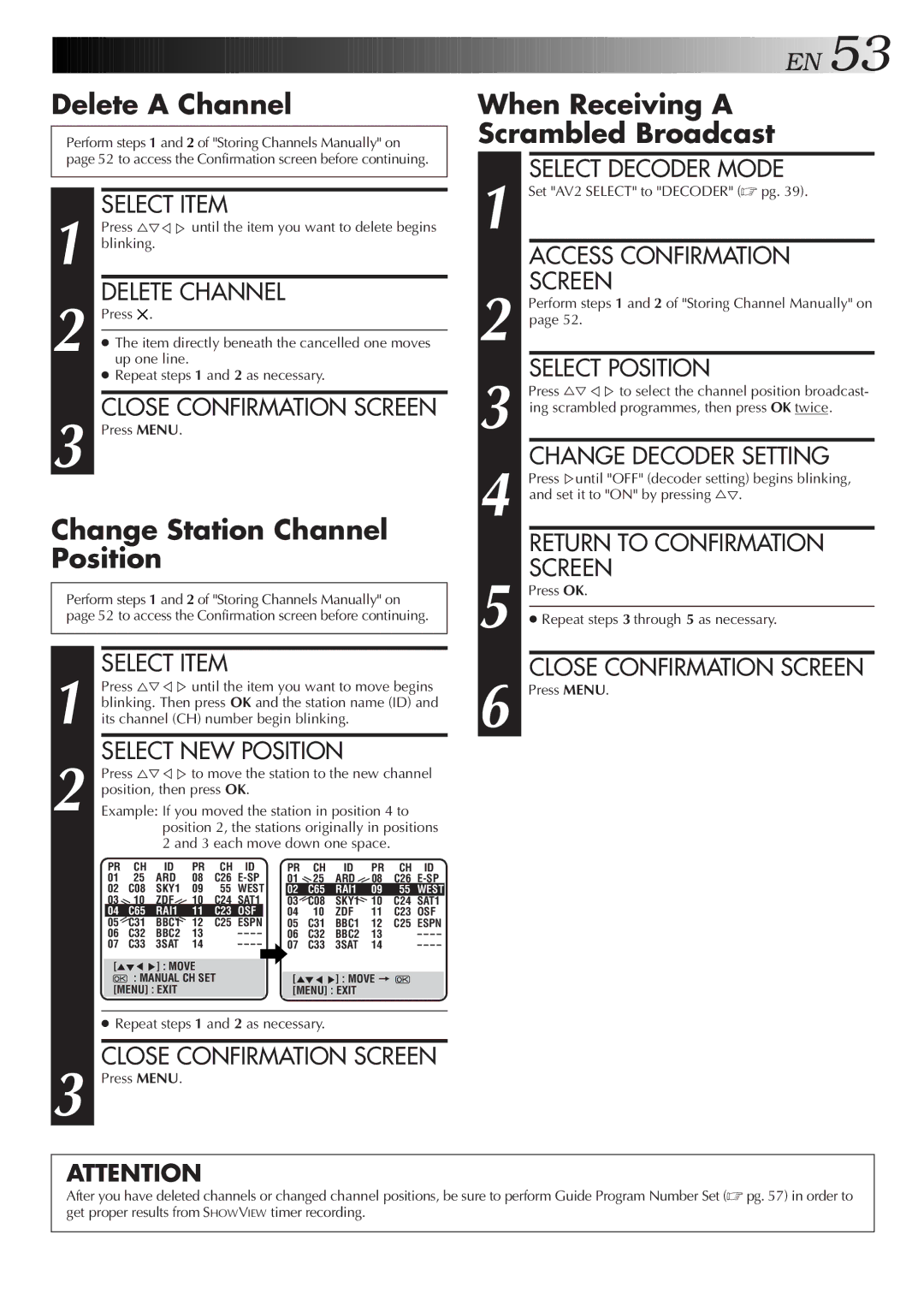 JVC HR-S8500E/EH specifications Delete a Channel, Change Station Channel Position, When Receiving a Scrambled Broadcast 