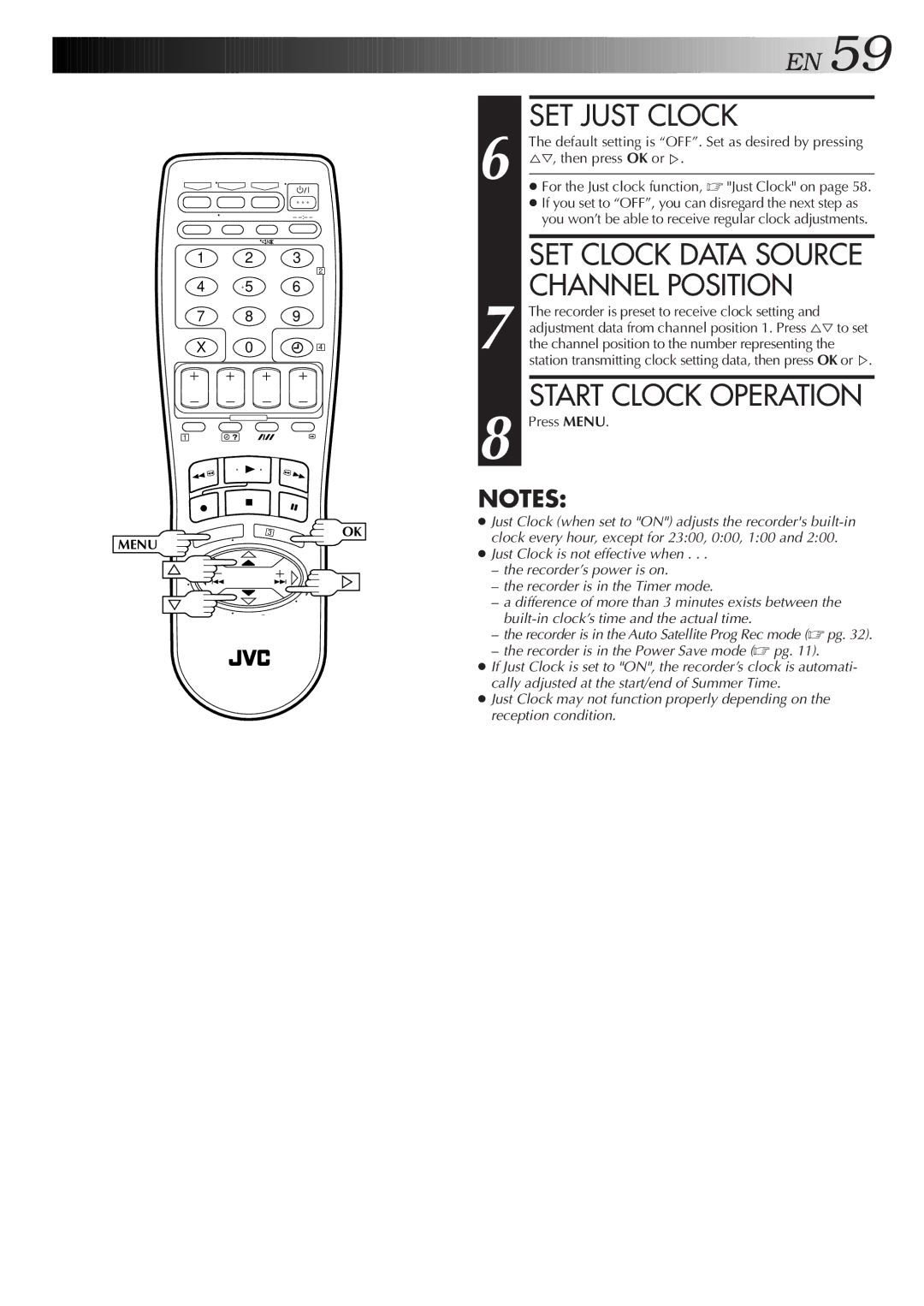 JVC HR-S8500E/EH specifications SET Just Clock, SET Clock Data Source Channel Position, Start Clock Operation 