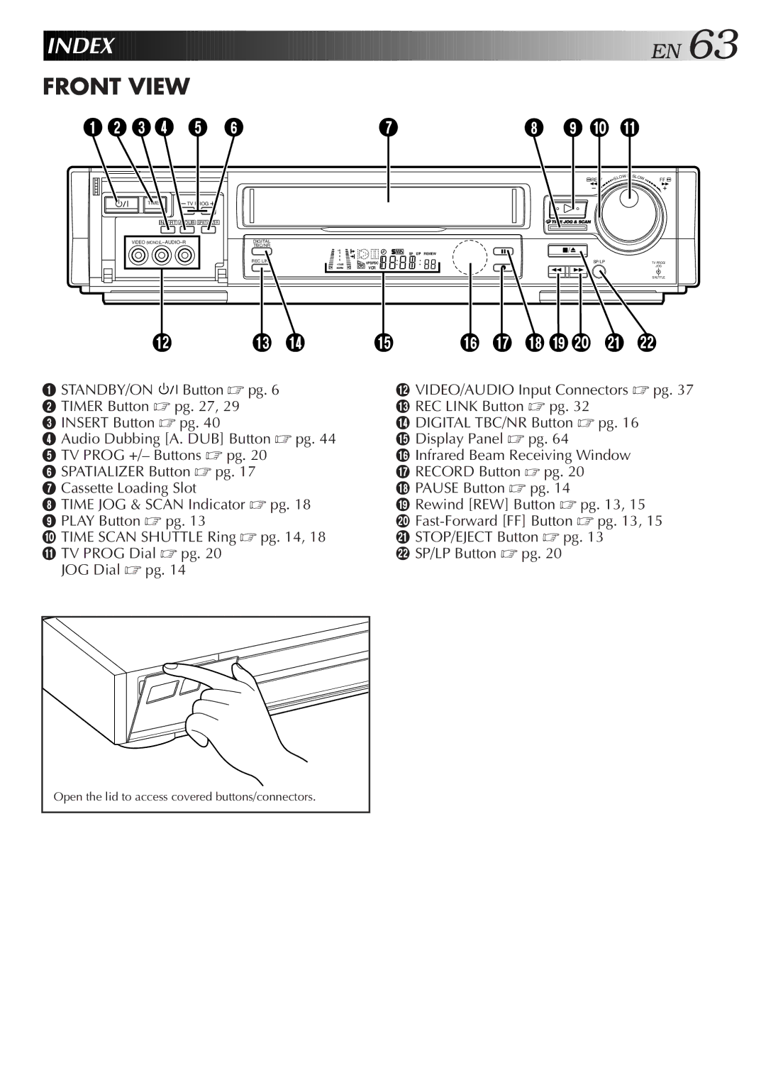 JVC HR-S8500E/EH specifications Index, Open the lid to access covered buttons/connectors 