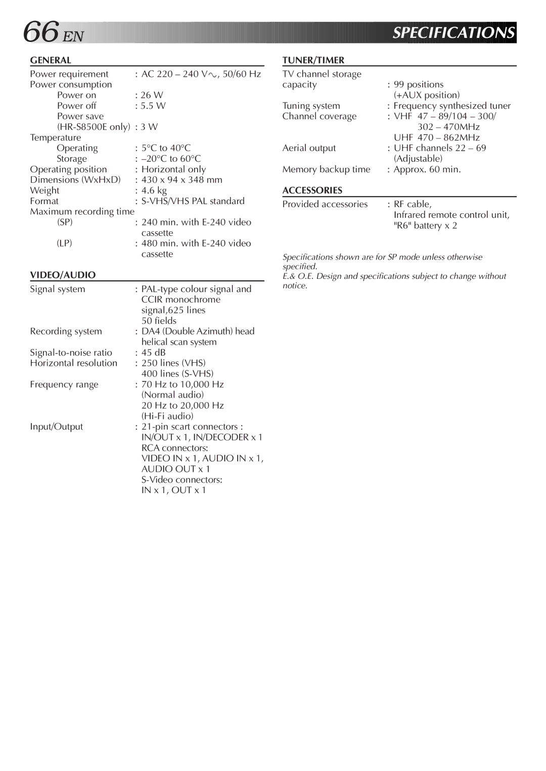 JVC HR-S8500E/EH specifications Specifications, Maximum recording time 