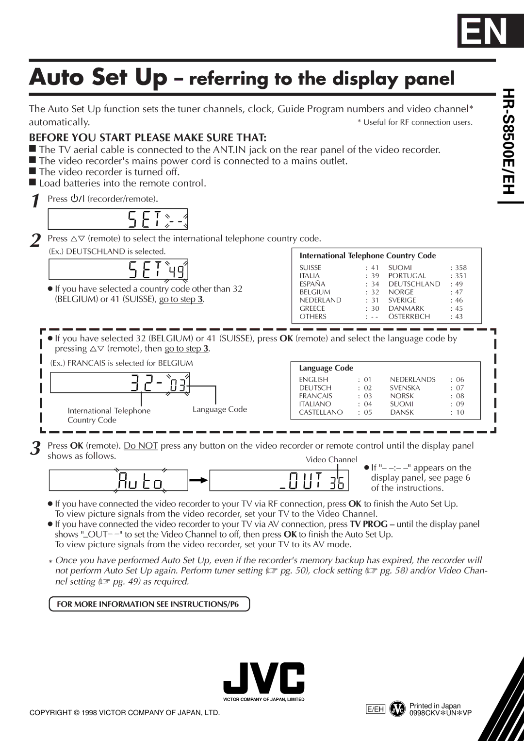 JVC HR-S8500E/EH specifications Ex. Francais is selected for Belgium, International Telephone Language Code 