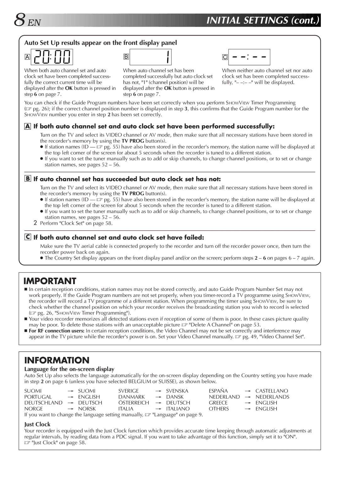 JVC HR-S8500E/EH If both auto channel set and auto clock set have failed, Language for the on-screen display, Just Clock 