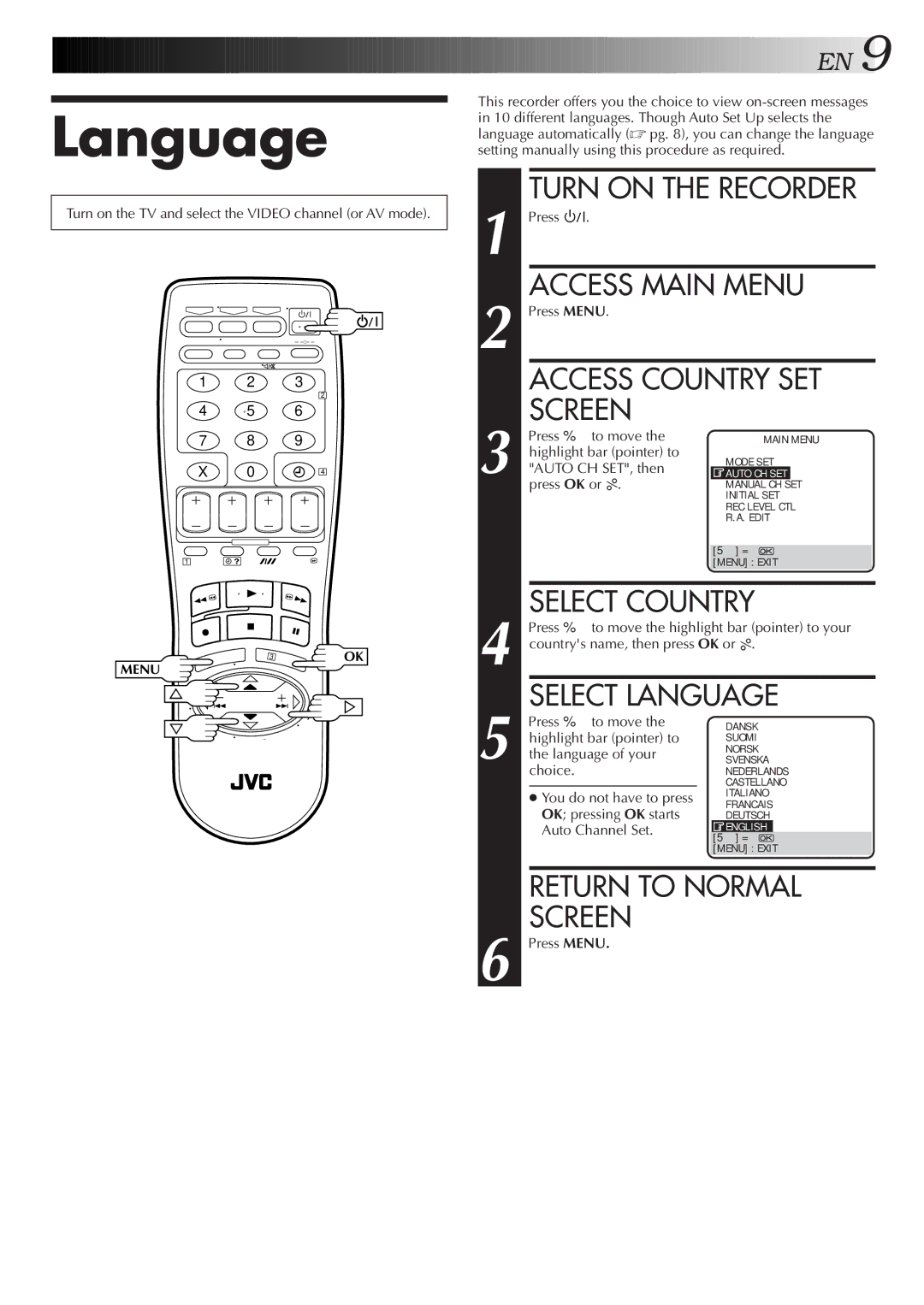 JVC HR-S8500E/EH specifications Language 