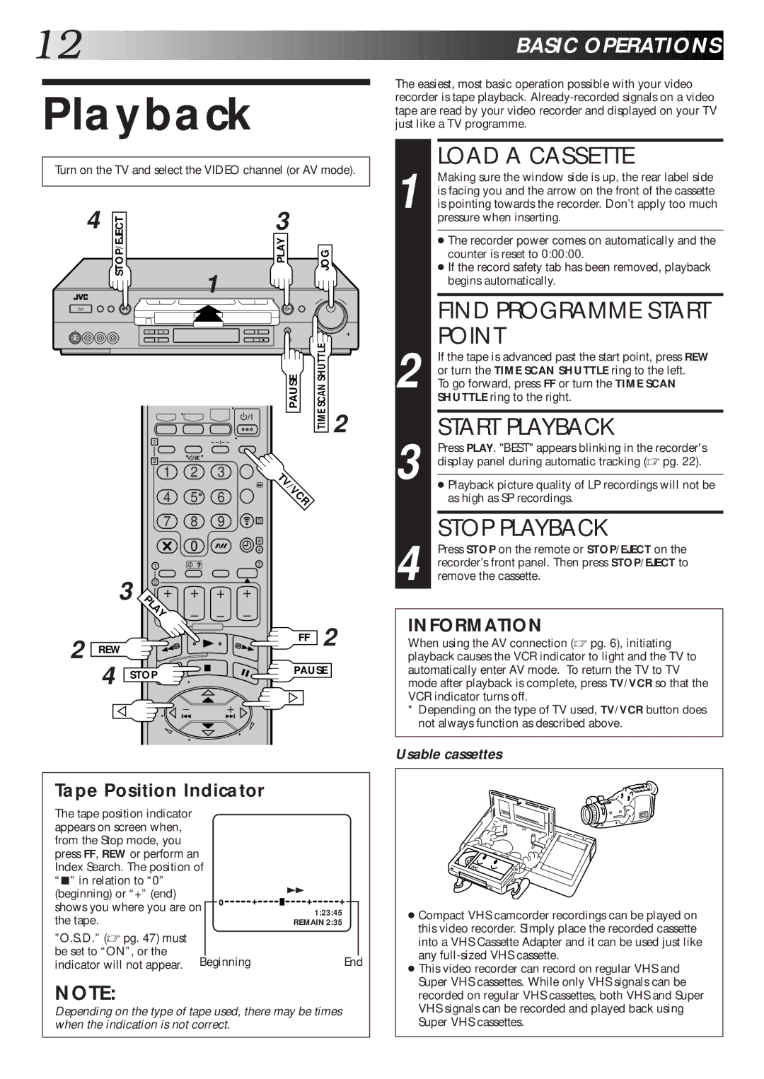 JVC HR-S8600EK setup guide Load a Cassette, Point, Start Playback, Stop Playback 