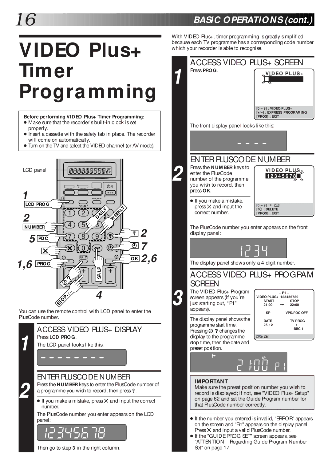 JVC HR-S8600EK setup guide Video Plus+ Timer Programming, Access Video PLUS+ Screen, Enter Pluscode Number 