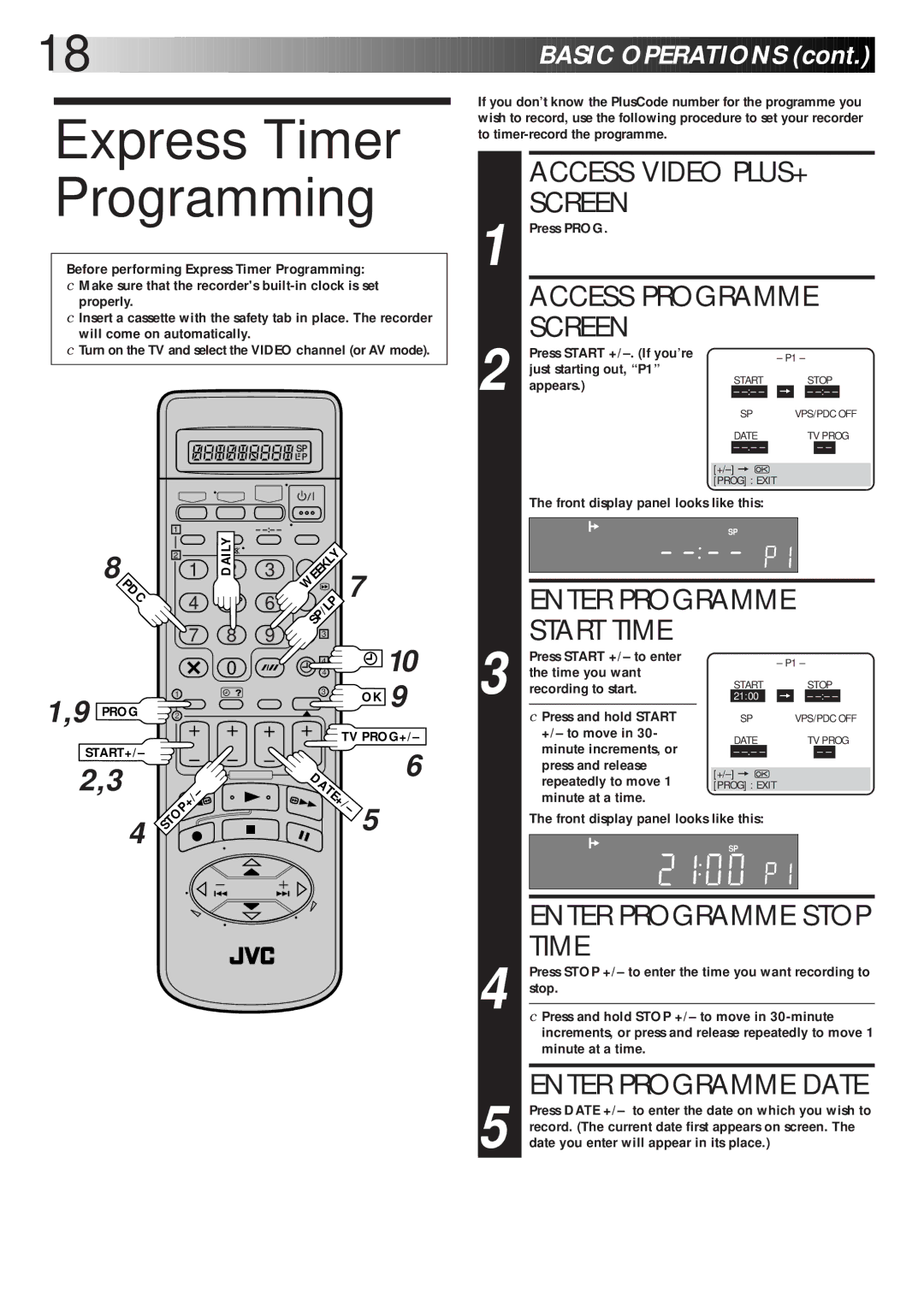 JVC HR-S8600EK setup guide Express Timer Programming, Enter Programme Start Time, Enter Programme Date 