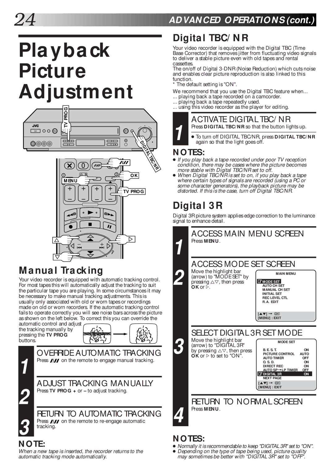 JVC HR-S8600EK setup guide Playback Picture Adjustment, Manual Tracking, Digital TBC/NR, Digital 3R 