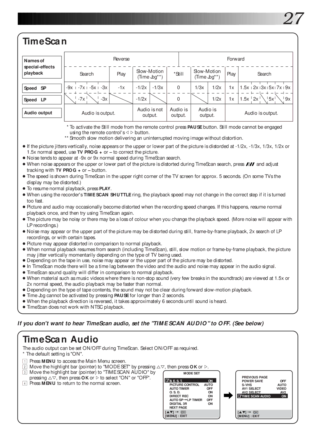 JVC HR-S8600EK TimeScan Audio, Speed SP Speed LP Audio output, Forward Search Play Slow-Motion Still, Audio is output 