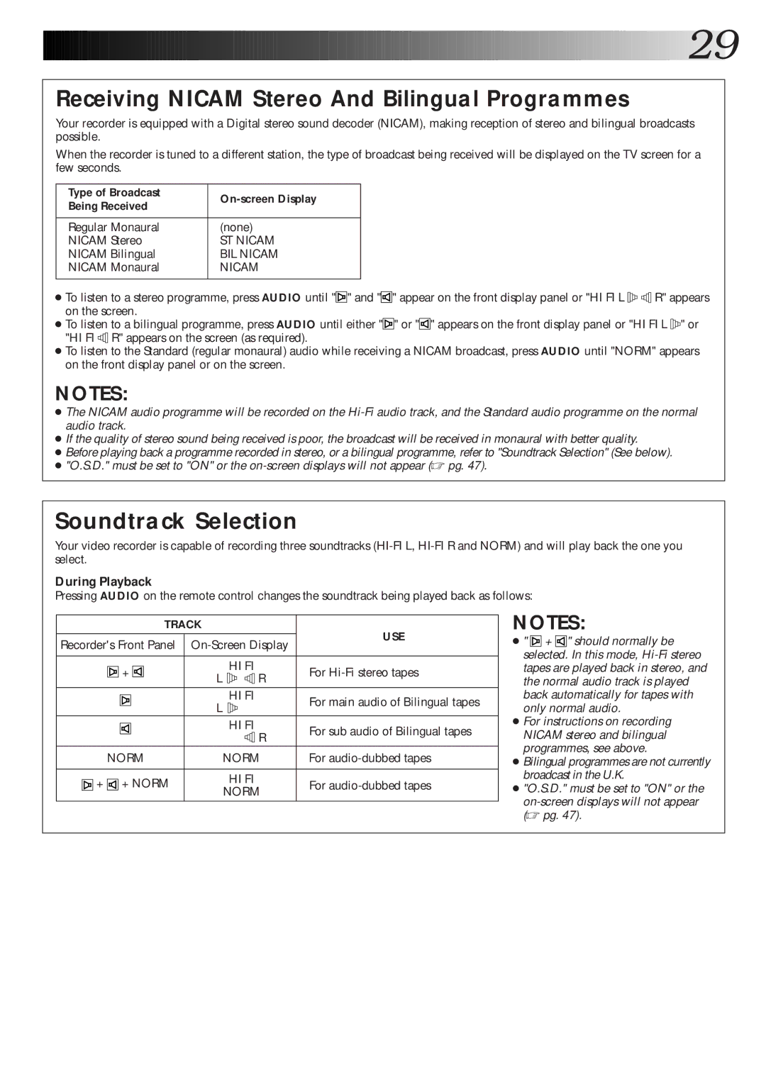 JVC HR-S8600EK Receiving Nicam Stereo And Bilingual Programmes, Soundtrack Selection, During Playback, Track USE 