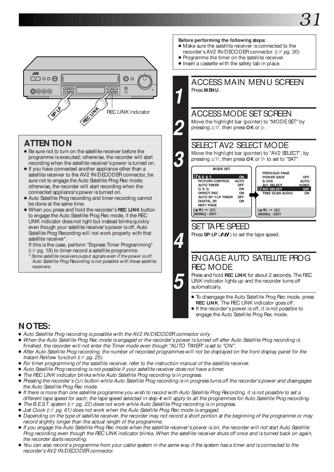 JVC HR-S8600EK REC Link indicator, Before performing the following steps, Move the highlight bar pointer to Mode SET by 