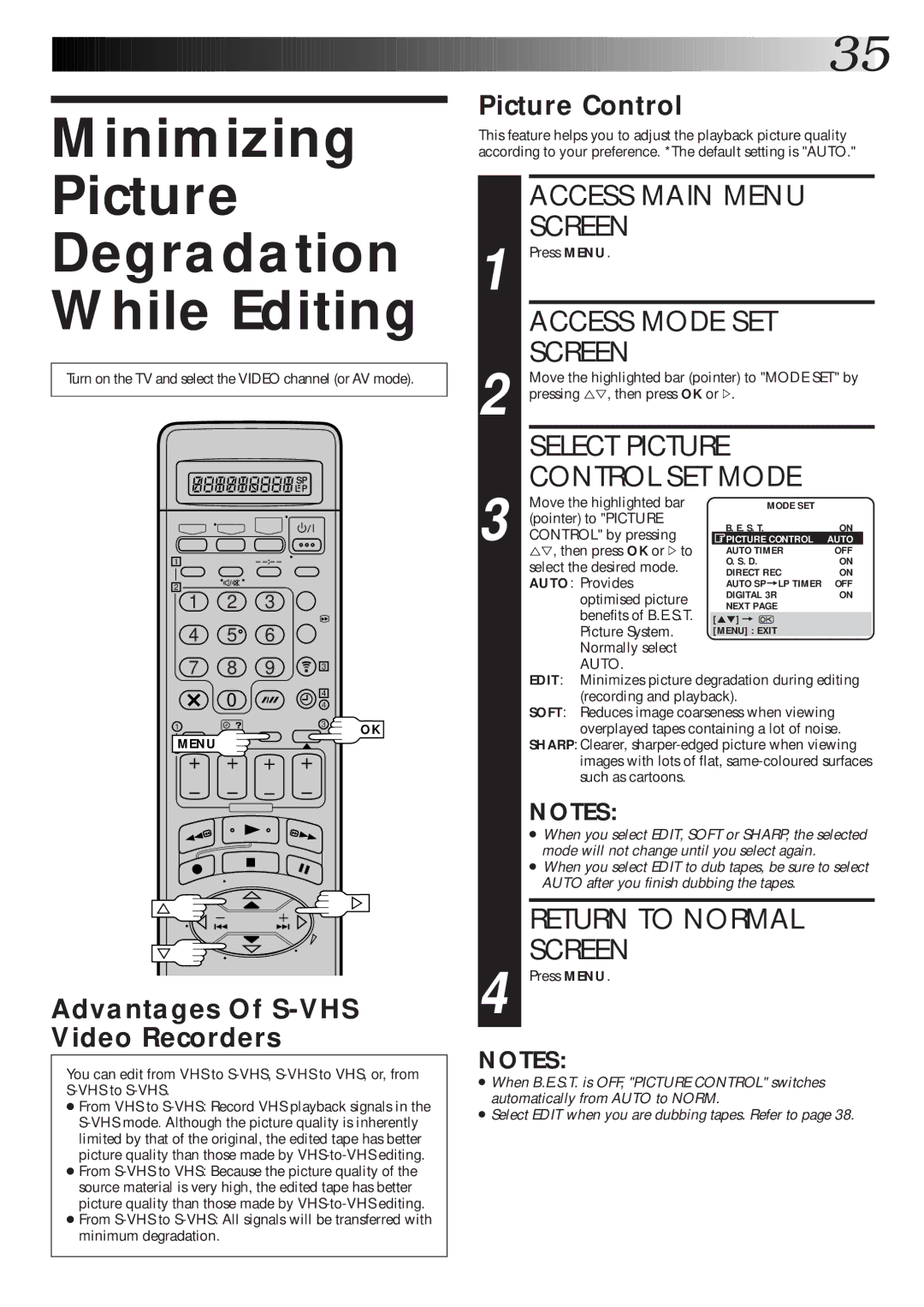 JVC HR-S8600EK setup guide Minimizing Picture Degradation While Editing, Access Main Menu Screen, Access Mode SET Screen 