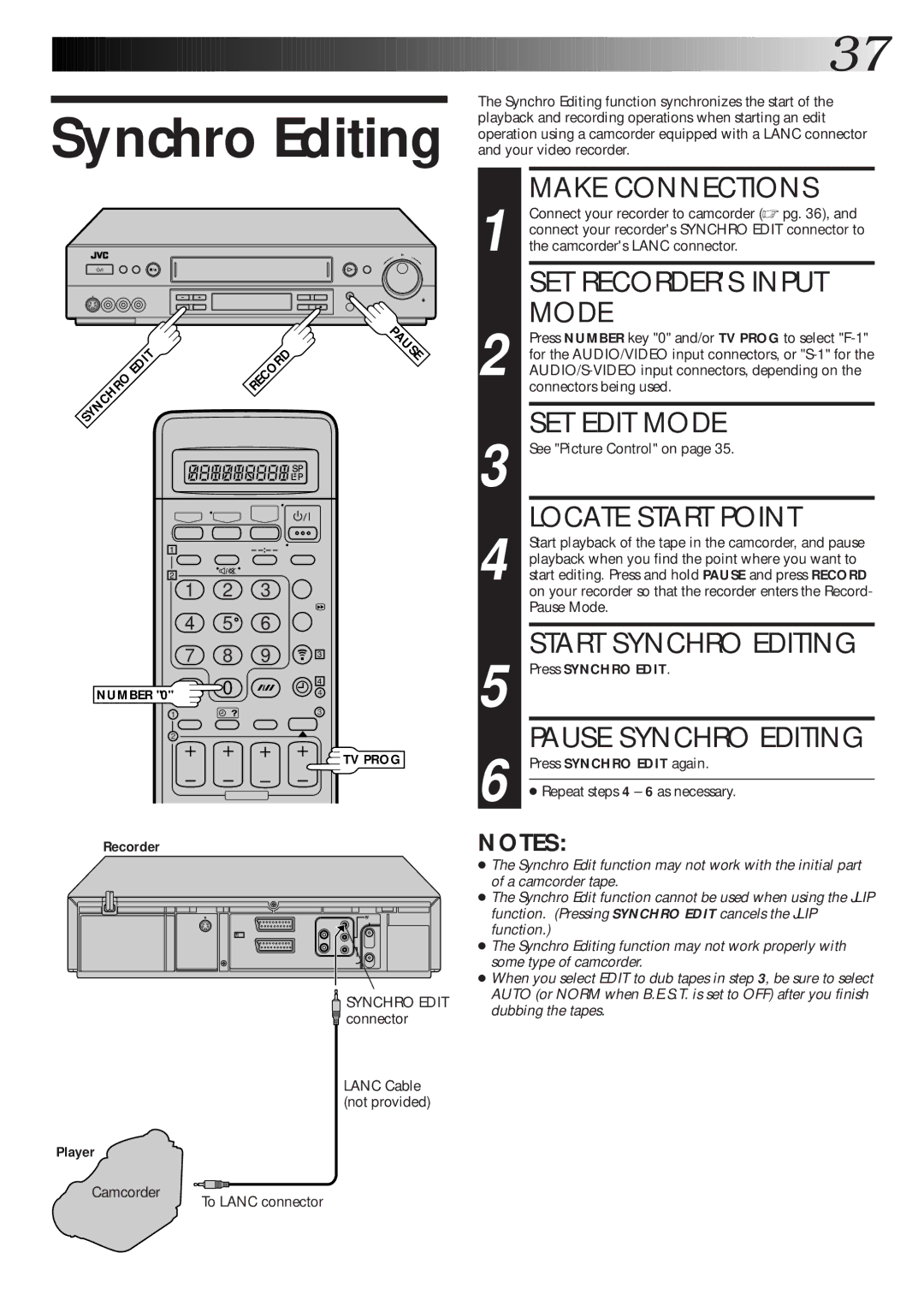 JVC HR-S8600EK Synchro Editing, Repeat steps 4 6 as necessary, Connector Lanc Cable not provided To Lanc connector 