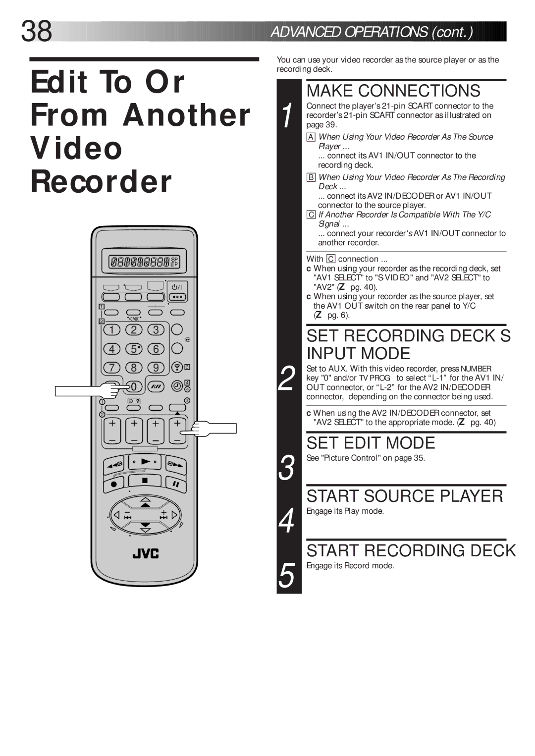 JVC HR-S8600EK setup guide Edit To Or From Another Video Recorder 