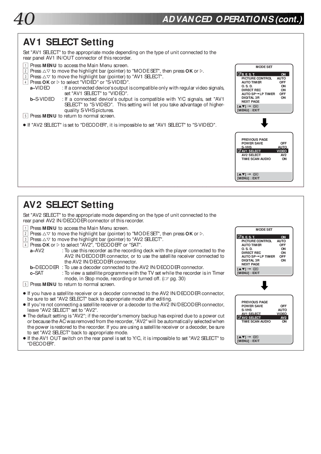 JVC HR-S8600EK setup guide AV1 Select Setting, AV2 Select Setting 